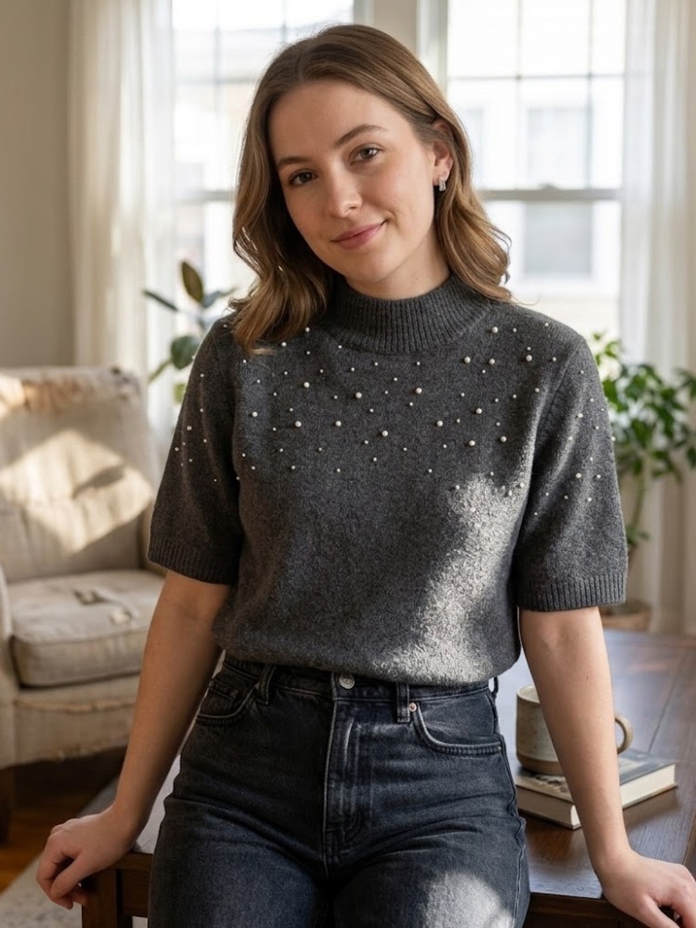 Abercrombie and Fitch Pearl Embellished Mockneck Sweater Size XL